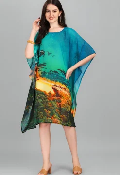 Digital Printed Georgette Kaftan in Teal Blue