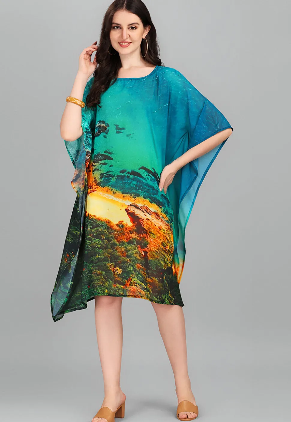 Digital Printed Georgette Kaftan in Teal Blue