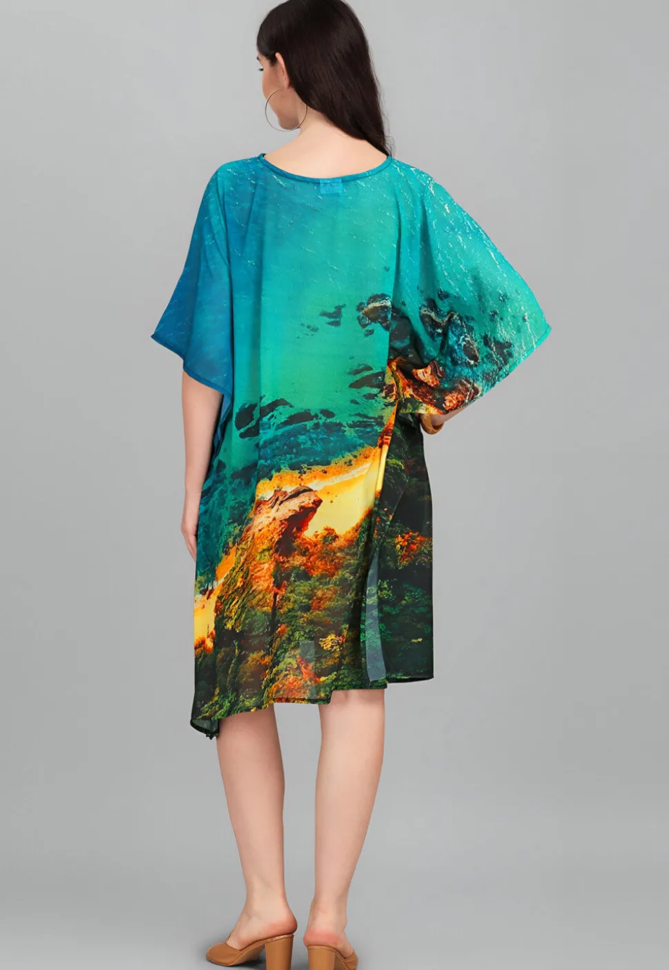 Digital Printed Georgette Kaftan in Teal Blue