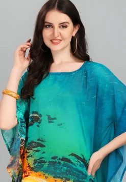 Digital Printed Georgette Kaftan in Teal Blue