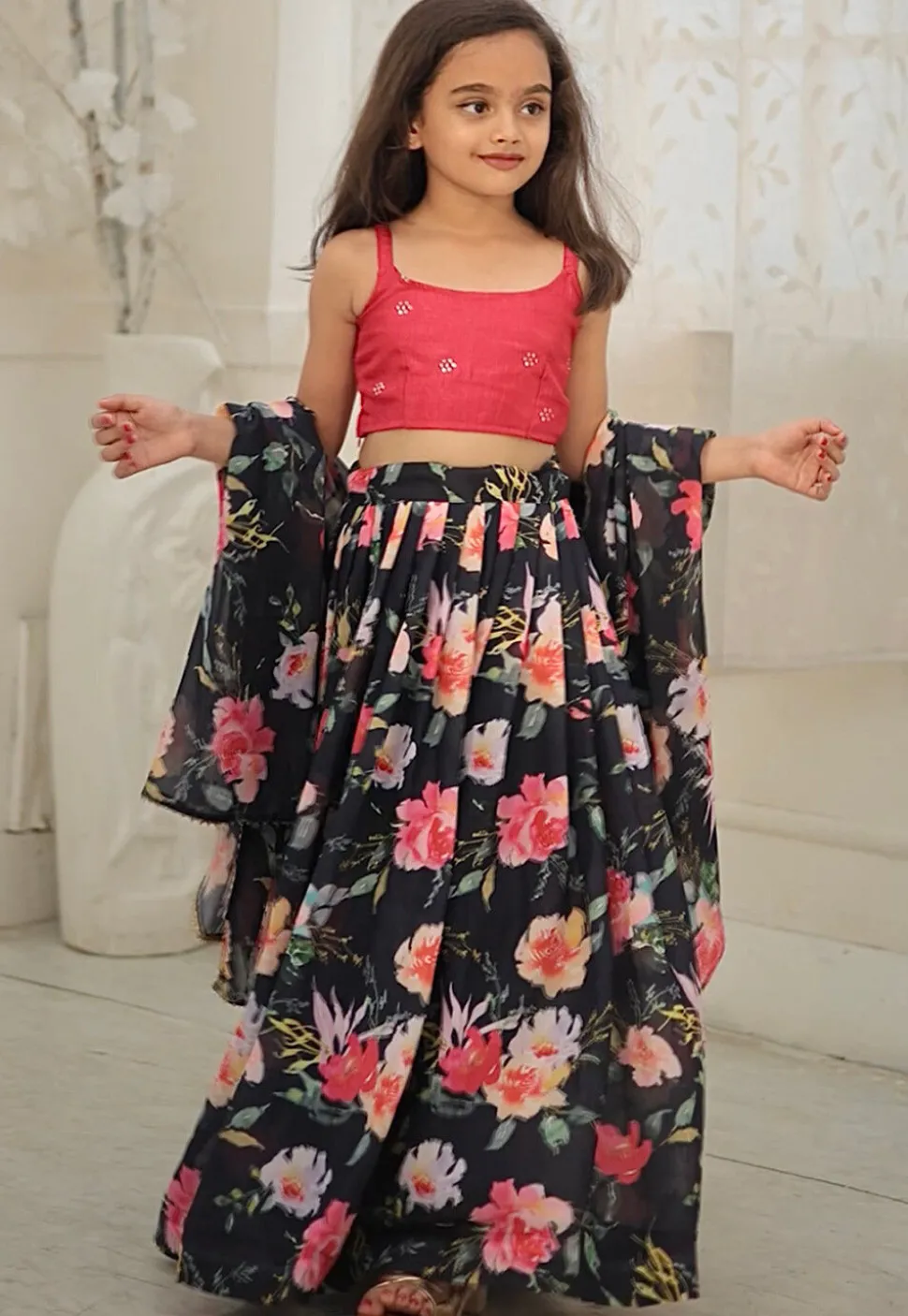 Digital Printed Georgette Lehenga in Navy Blue