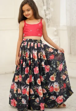 Digital Printed Georgette Lehenga in Navy Blue