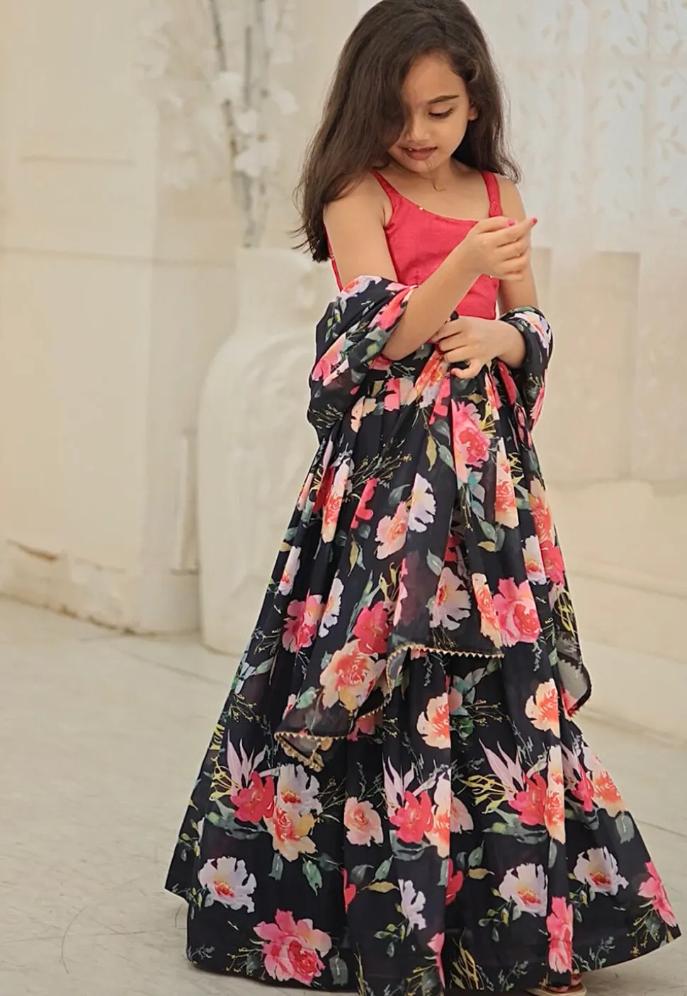 Digital Printed Georgette Lehenga in Navy Blue