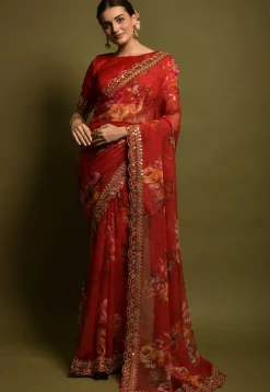 Digital Printed Georgette Saree in Red