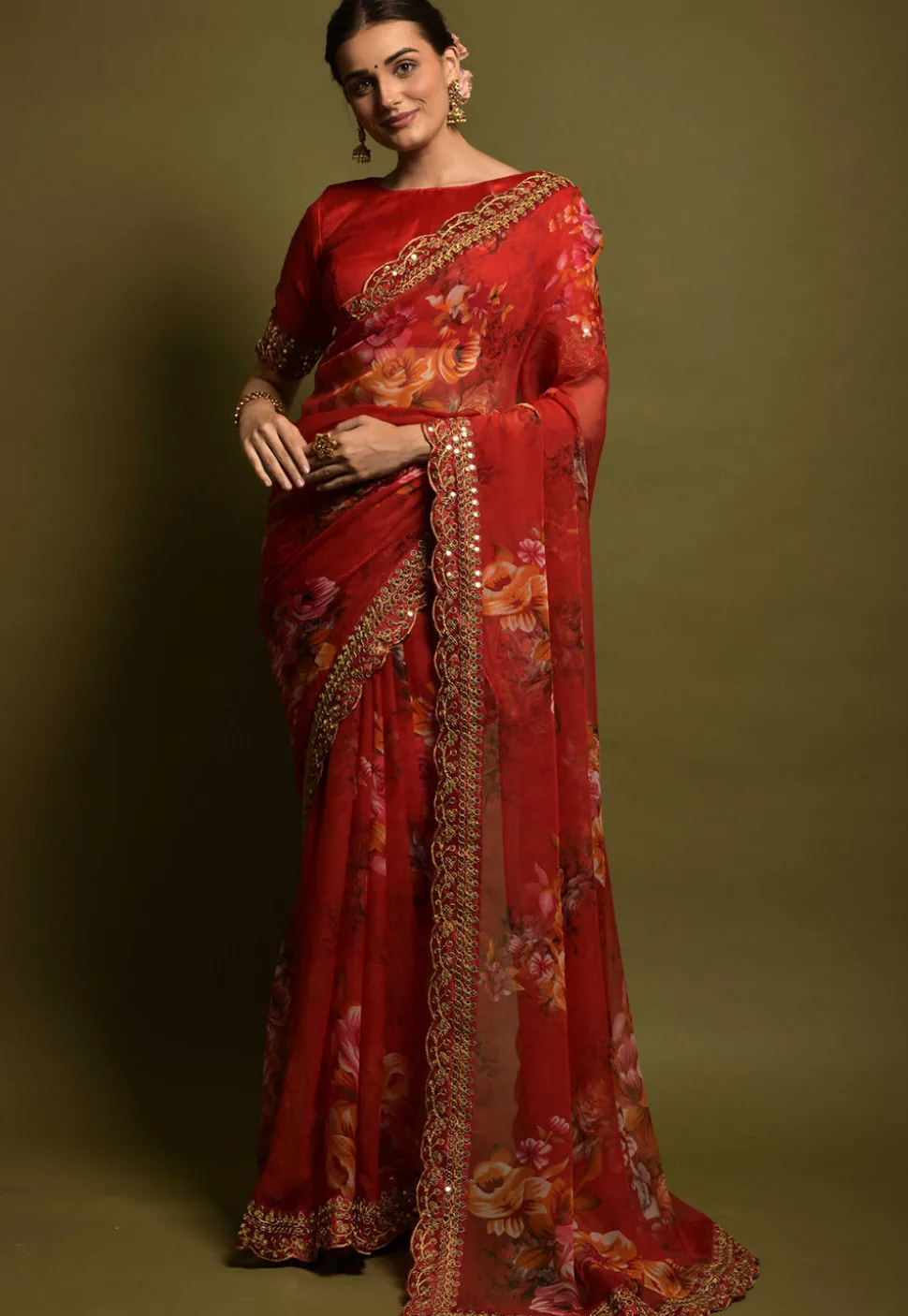 Digital Printed Georgette Saree in Red