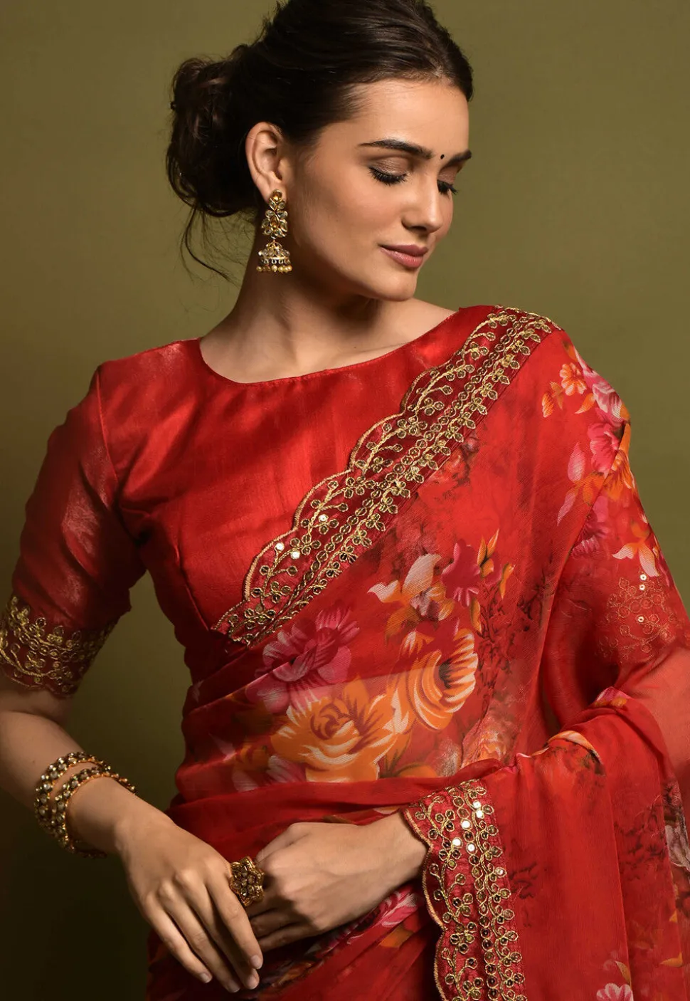 Digital Printed Georgette Saree in Red