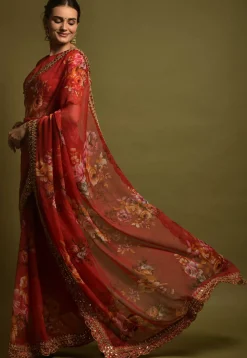 Digital Printed Georgette Saree in Red