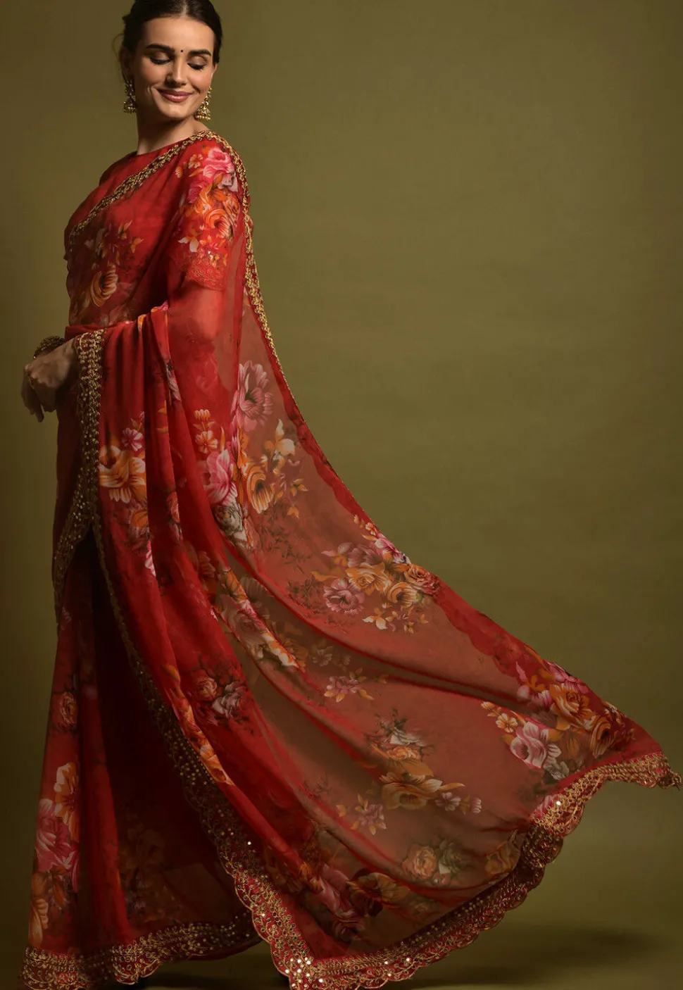 Digital Printed Georgette Saree in Red