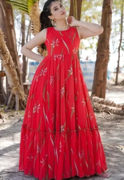 Digital Printed Georgette Gown in Red
