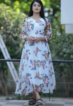 Digital Printed Georgette A Line Dress in White