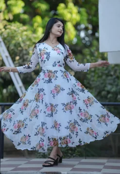 Digital Printed Georgette A Line Dress in White
