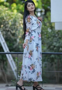 Digital Printed Georgette A Line Dress in White