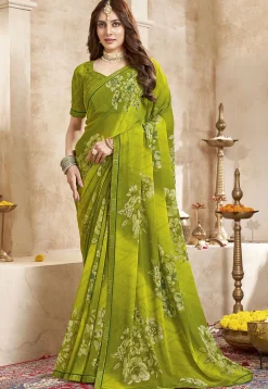 Digital Printed Georgette Saree in Olive Green