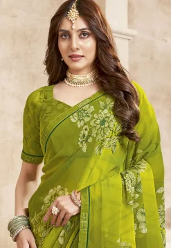 Digital Printed Georgette Saree in Olive Green
