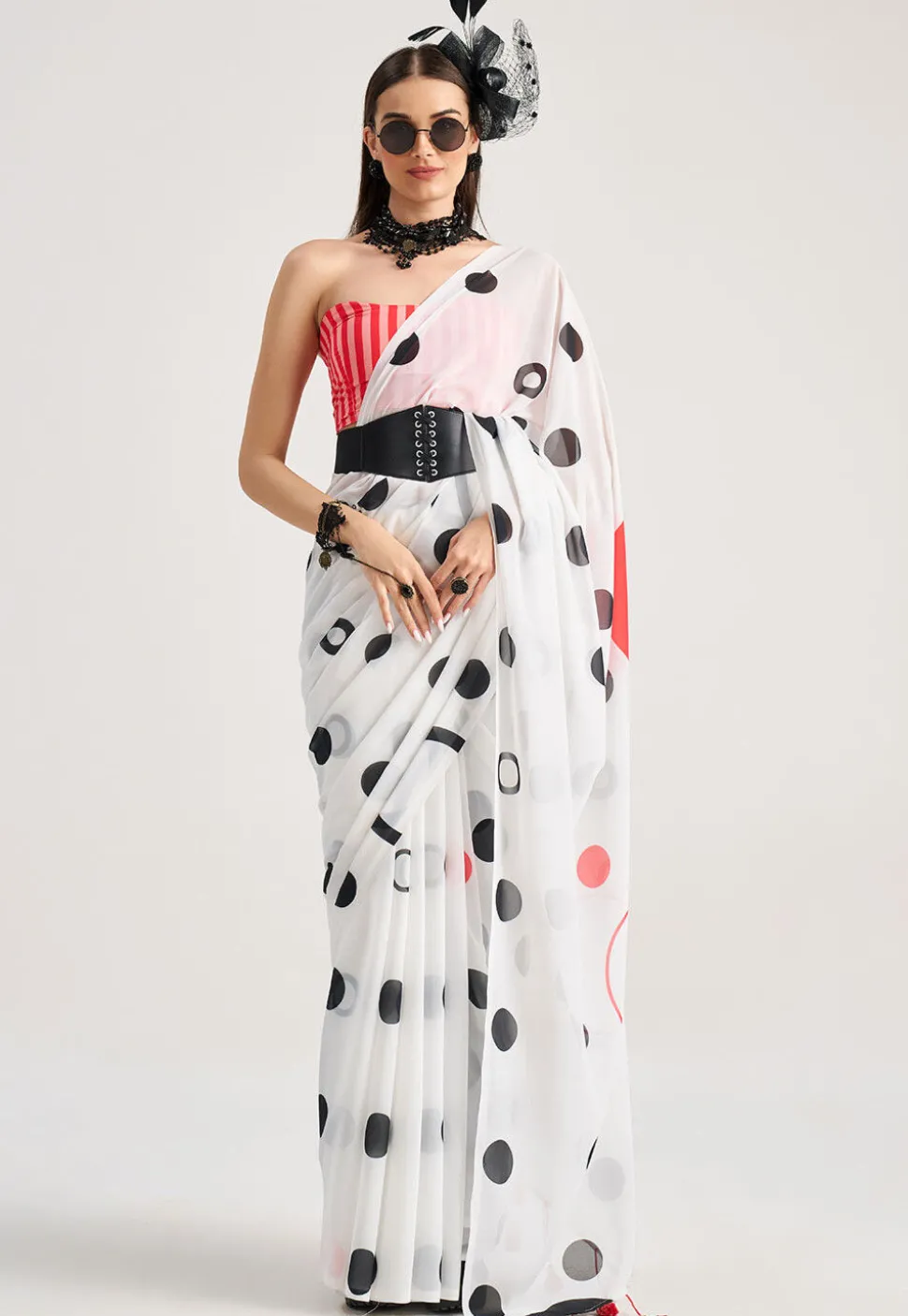 Digital Printed Georgette Saree in Off White