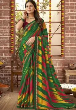 Digital Printed Georgette Saree in Green