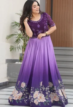 Digital Printed Georgette Gown in Purple