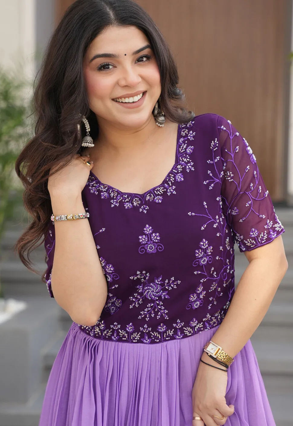 Digital Printed Georgette Gown in Purple