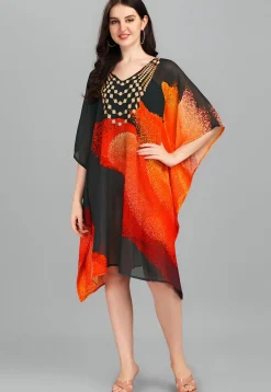 Digital Printed Georgette Kaftan in Black and Orange