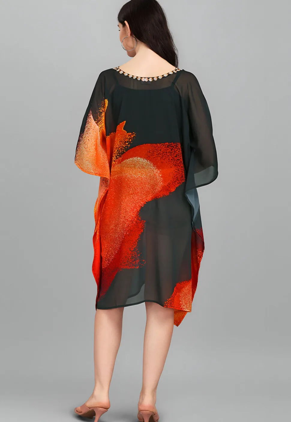 Digital Printed Georgette Kaftan in Black and Orange