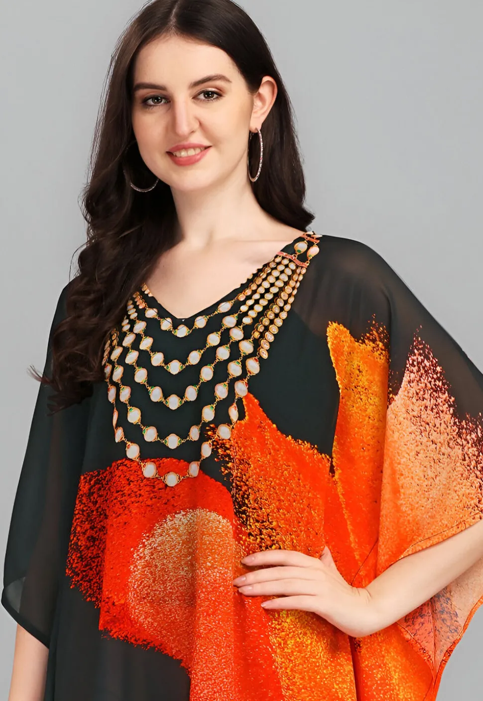 Digital Printed Georgette Kaftan in Black and Orange