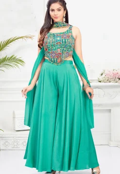 Digital Printed Georgette Crop Top Set in Teal Green