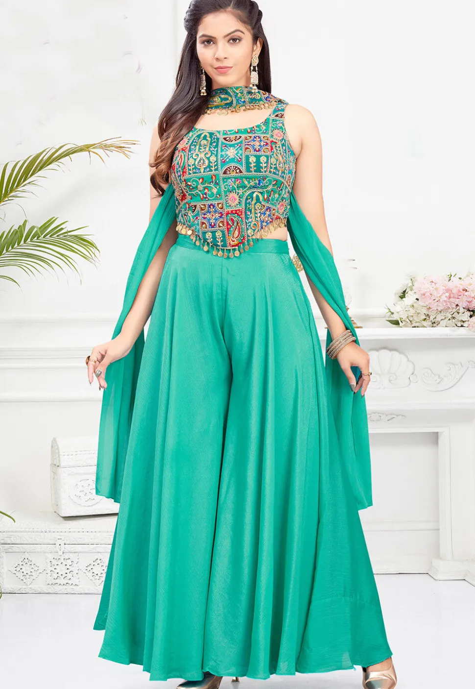 Digital Printed Georgette Crop Top Set in Teal Green