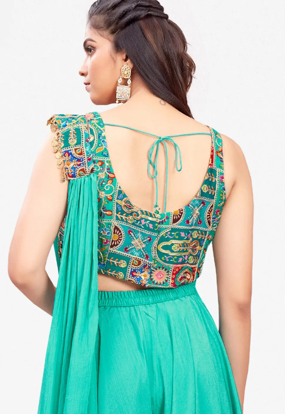 Digital Printed Georgette Crop Top Set in Teal Green