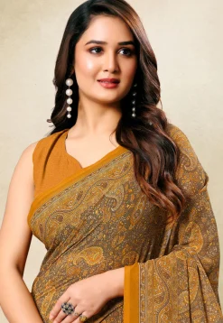 Digital Printed Georgette Saree in Mustard