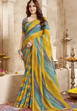 Digital Printed Georgette Saree in Yellow and Multicolor