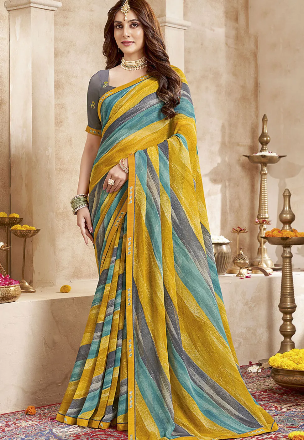 Digital Printed Georgette Saree in Yellow and Multicolor