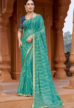 Digital Printed Georgette Saree in Turquoise