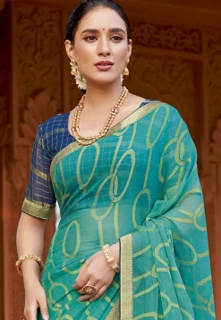 Digital Printed Georgette Saree in Turquoise