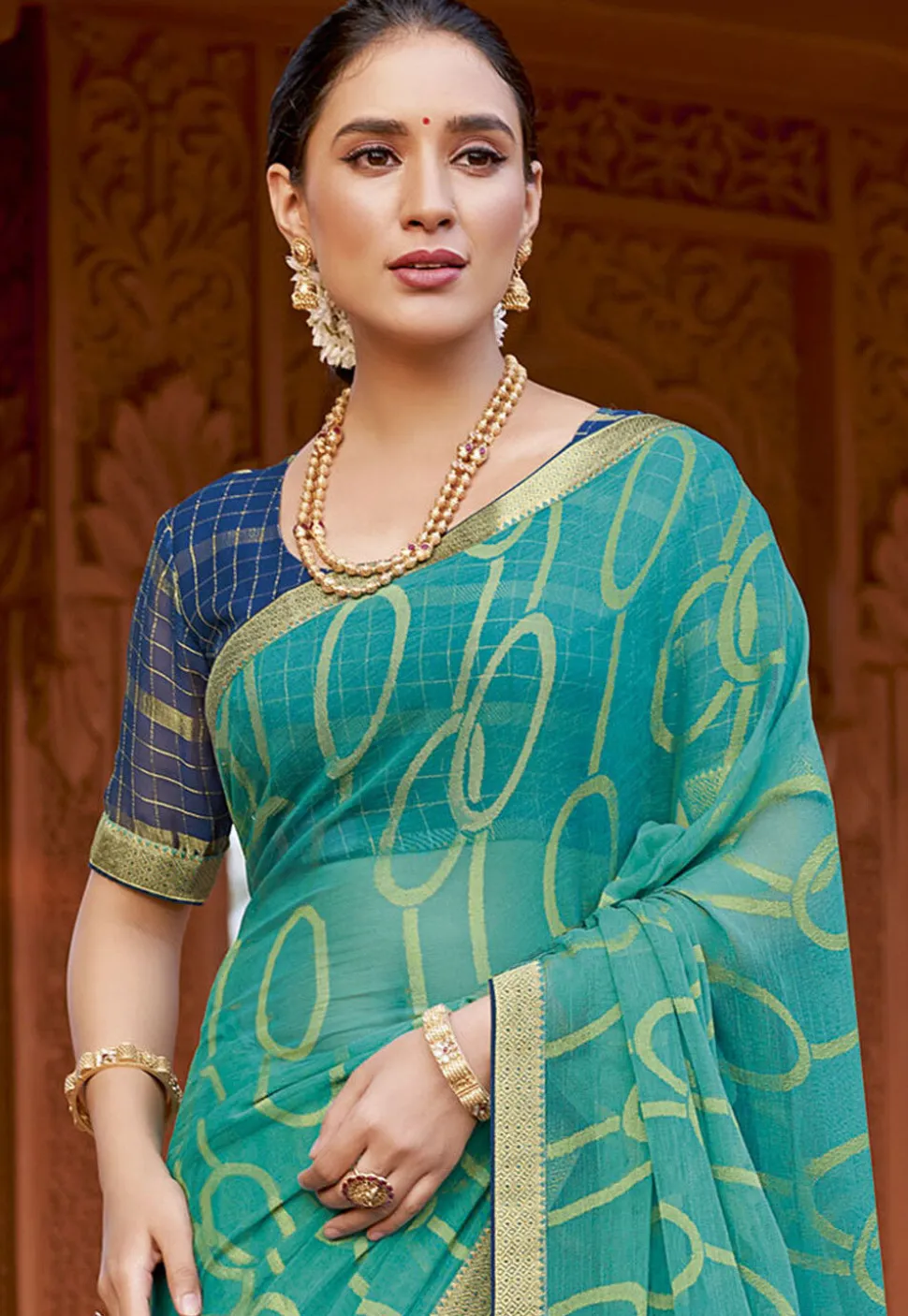 Digital Printed Georgette Saree in Turquoise