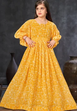 Digital Printed Georgette Gown in Yellow