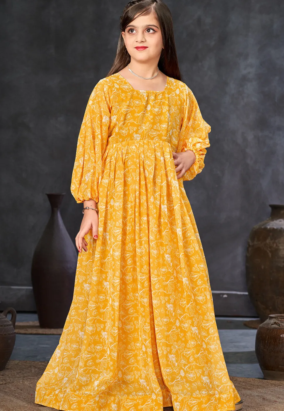 Digital Printed Georgette Gown in Yellow