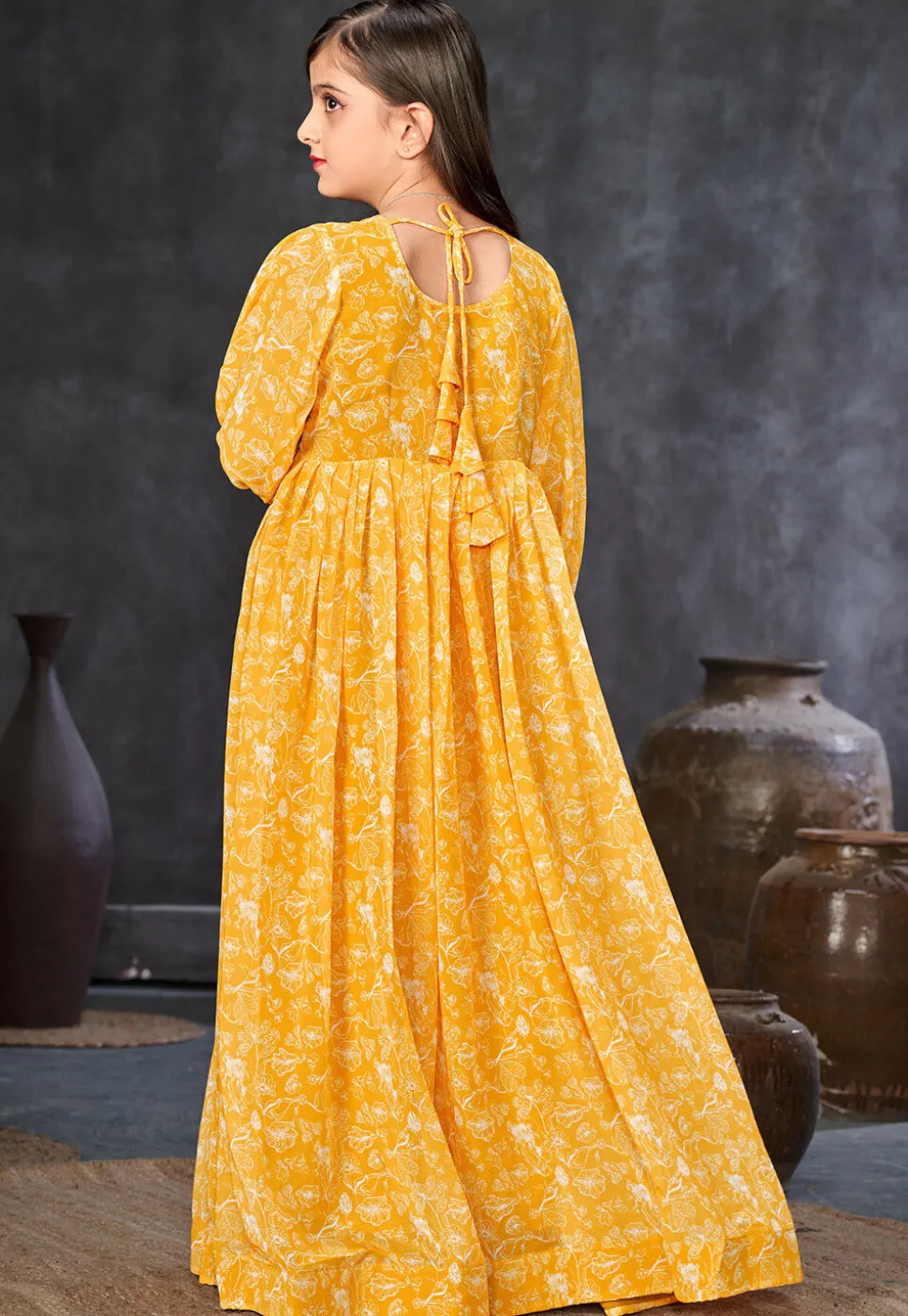 Digital Printed Georgette Gown in Yellow