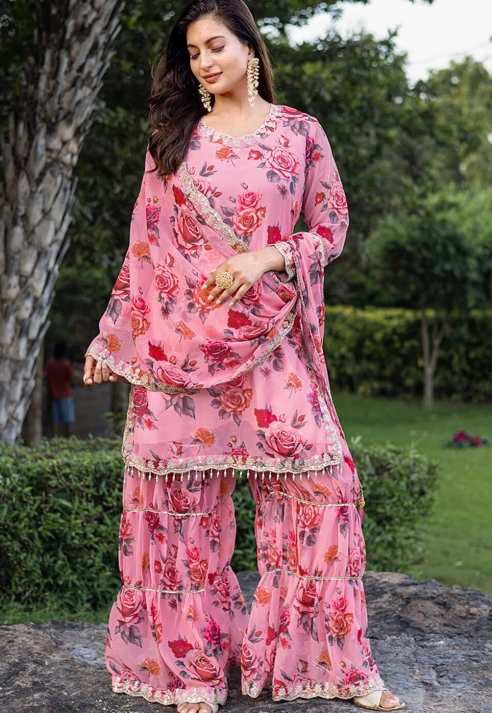 Digital Printed Georgette Scalloped Pakistani Suit in Pink