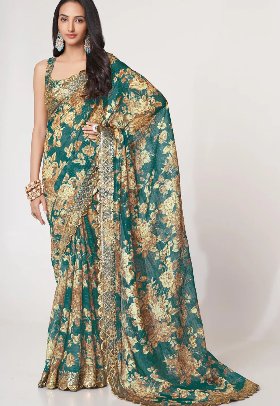 Digital Printed Georgette Scalloped Saree in Teal Green