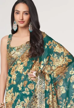 Digital Printed Georgette Scalloped Saree in Teal Green