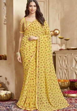 Digital Printed Georgette Saree in Yellow