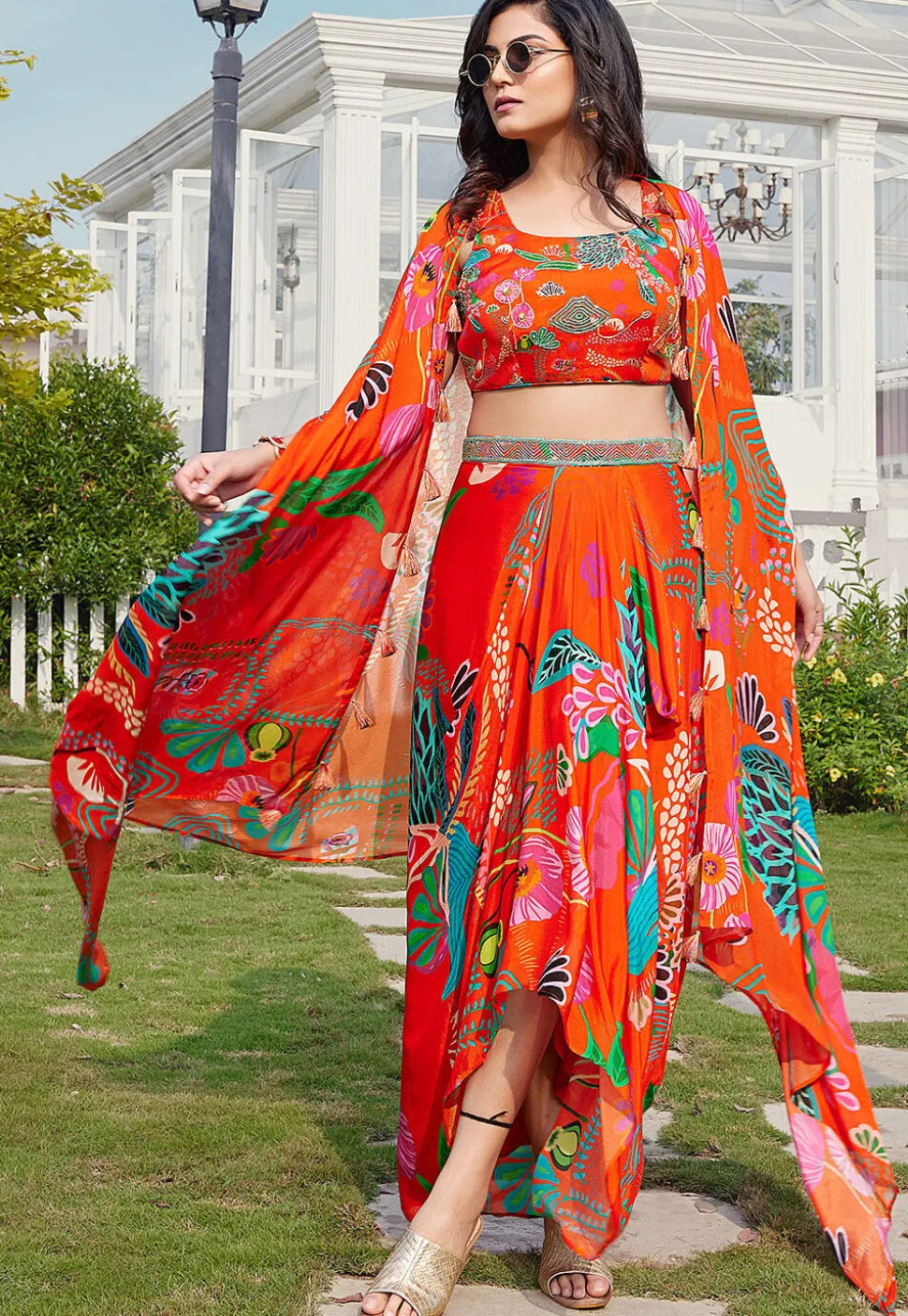 Digital Printed Georgette Crop Top Set in Orange