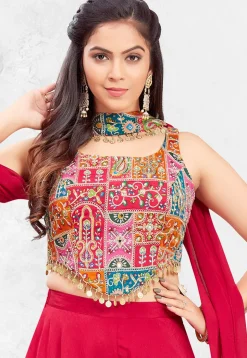 Digital Printed Georgette Crop Top Set in Red