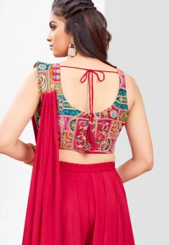 Digital Printed Georgette Crop Top Set in Red