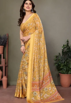 Digital Printed Georgette Saree in Yellow