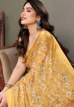 Digital Printed Georgette Saree in Yellow