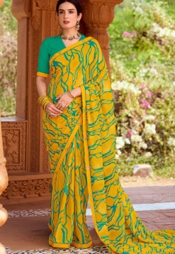 Digital Printed Georgette Saree in Mustard
