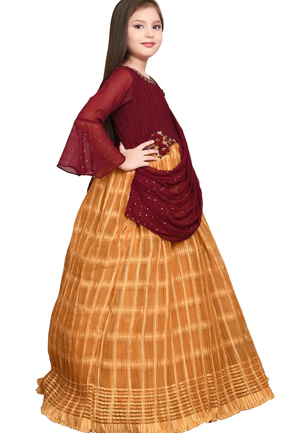 Digital Printed Georgette and Polyester Gown with attatched Dupatta in Maroon and Yellow