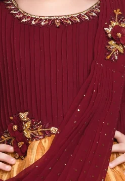 Digital Printed Georgette and Polyester Gown with attatched Dupatta in Maroon and Yellow