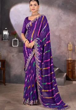 Digital Printed Georgette Scalloped Saree in Purple
